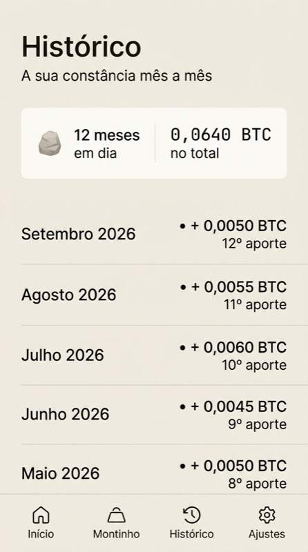 Tela de histórico: a lista dos aportes mês a mês, com a contagem de meses em dia e o total juntado.