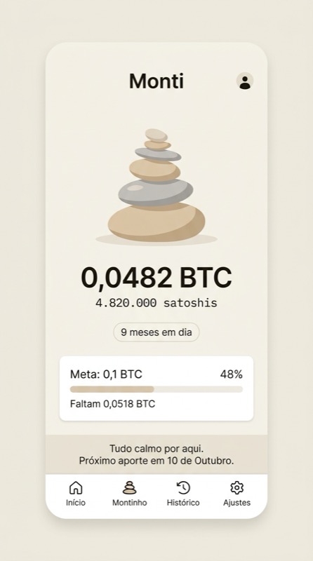 Tela inicial do Monti: o montinho de pedras, o saldo em bitcoin e satoshis, os meses em dia e o quanto falta para a meta.