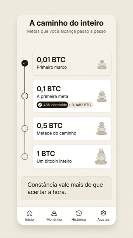 Tela de metas: 0,01, 0,1, 0,5 e 1 BTC como marcos, com o progresso marcado no primeiro deles.